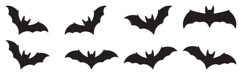 Naklejka premium Set of bat silhouettes in various flying poses, isolated on white background for Halloween or nature themes 