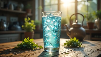 Refreshing Blue Drink with Ice Cubes on Wooden Table in Kitchen