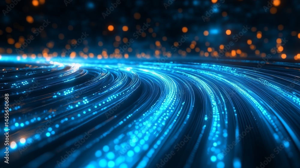 Poster waves of glowing blue and orange light create a mesmerizing digital landscape in an abstract represe