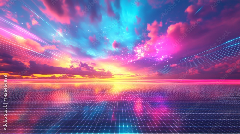 Poster vibrant light trails create a dreamlike effect in a cosmic landscape depicting dynamic movement and 