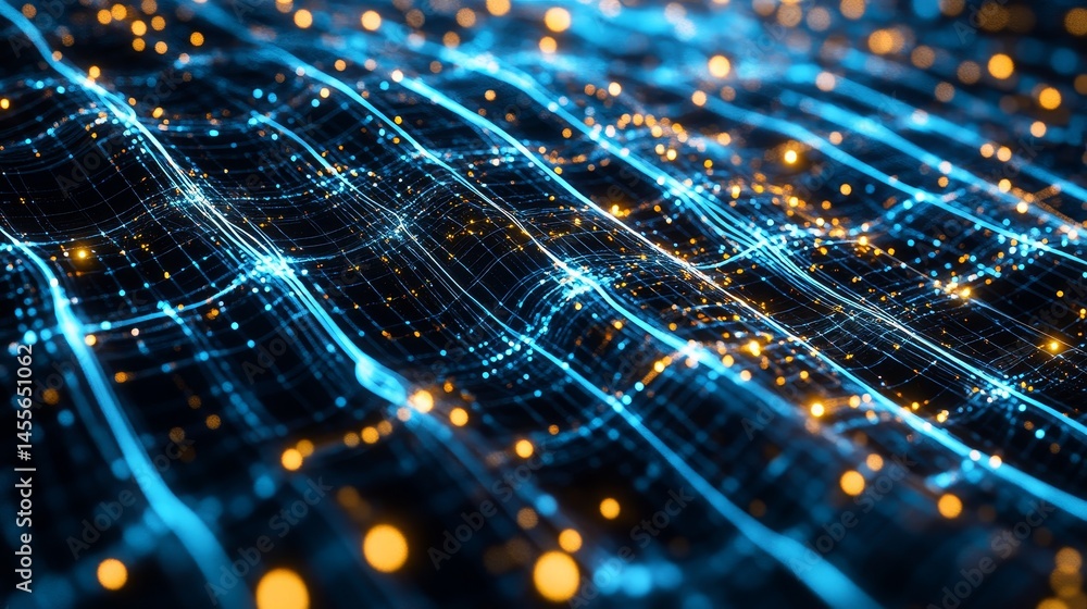 Fototapete Colorful Wave Patterns With Glowing Dots Create a Mesmerizing Visual Effect in a Digital Space During Nighttime Hours