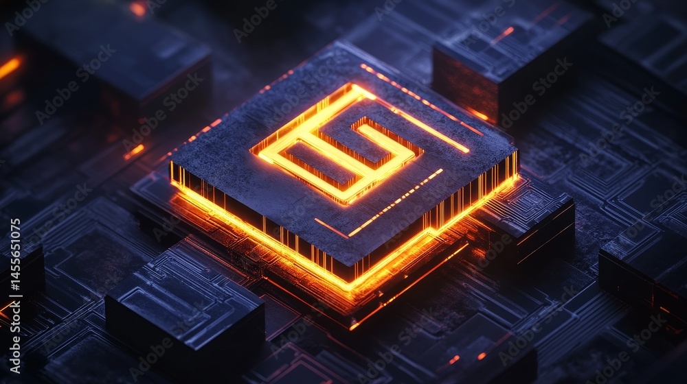 Poster vibrant digital cube surrounded by neon circuits and glowing elements in a futuristic environment
