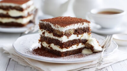 Delicious Tiramisu Dessert on White Plate Professional Food Photography