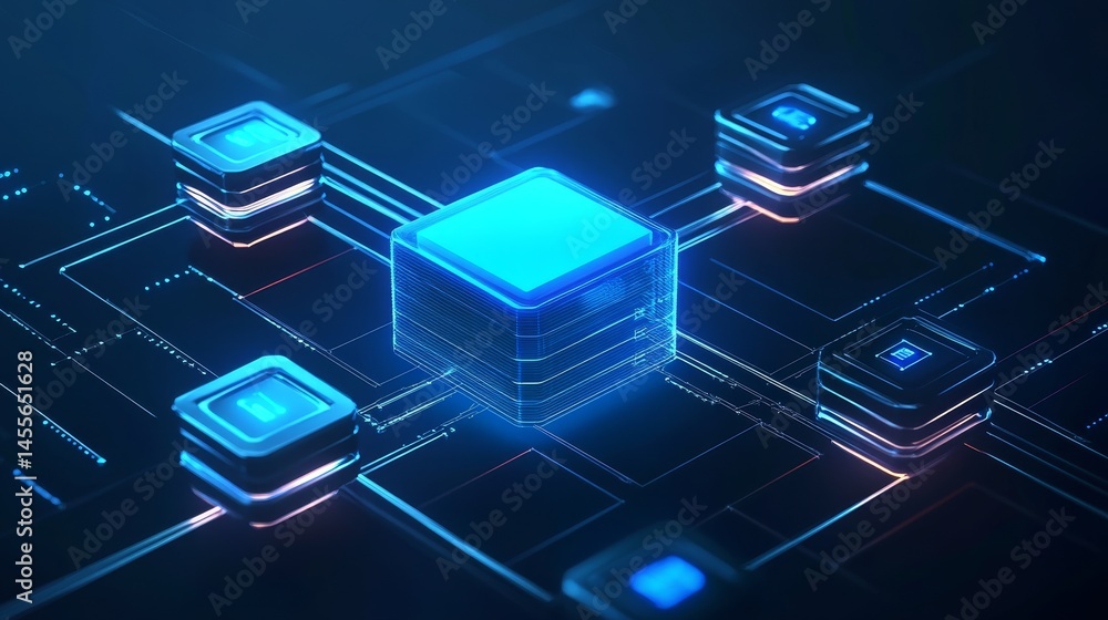 Poster network of interconnected processors glowing in blue light represents advanced technology and comput