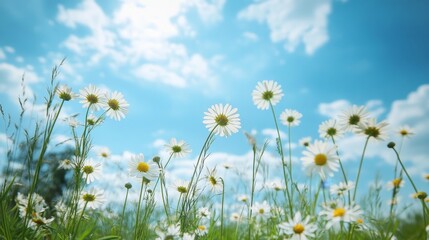Fototapeta premium Vibrant Wildflowers Bloom Under a Bright Blue Sky in a Lush Green Meadow on a Sunny Spring Day