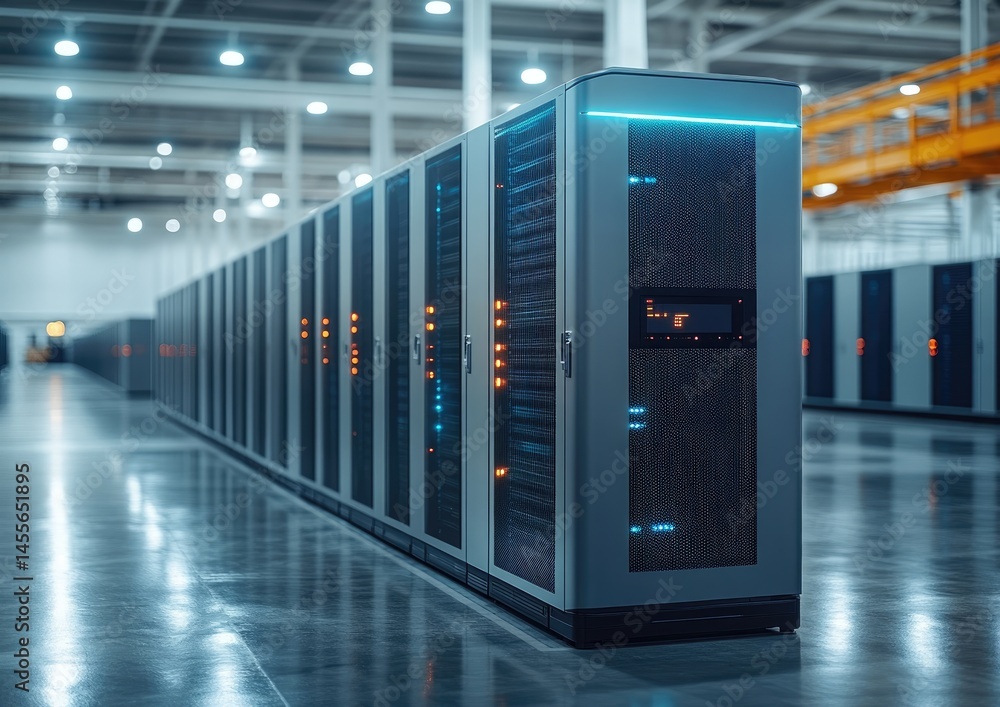 Poster modern server racks in a large data center.