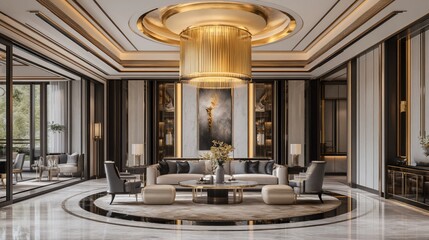 Obraz premium Luxurious, elegant interior design. A spacious, stylish lounge area with rich materials and sophisticated lighting