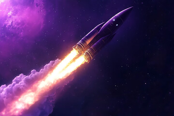 A futuristic rocket launches into a vibrant purple nebula, leaving a trail of fiery exhaust in space