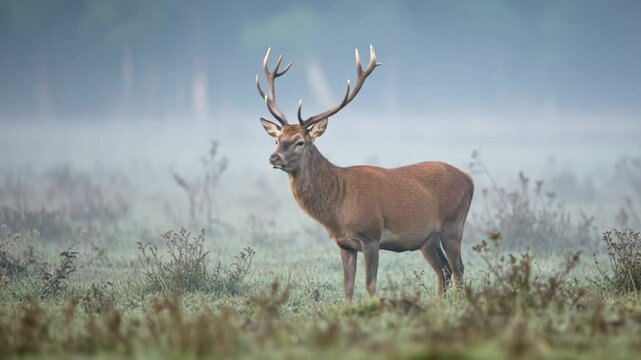 A regal red deer stag with impressive antlers stands proudly in a misty meadow 