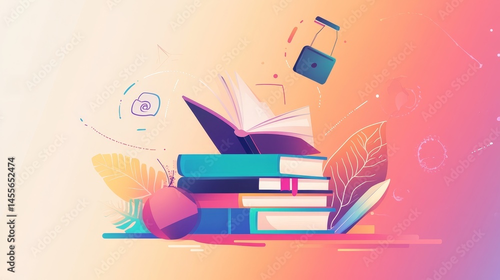 Poster colorful stack of books with educational icons representing knowledge and learning in a digital age