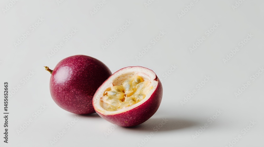 Poster halved passion fruit displays creamy pulp and seeds, isolated on a white background, evoking a fresh