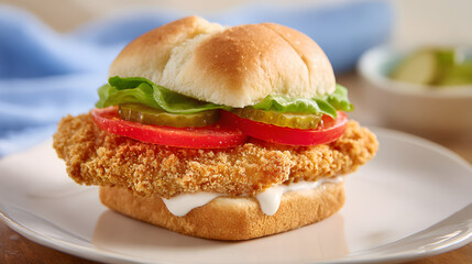 Delicious Chicken Breast Filet Sandwich with Crisp Lettuce, Juicy Tomato, and Tangy Pickles on Soft Bun