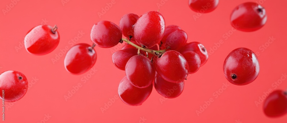 Poster fresh red grapes floating on a vibrant red background for a modern and eye catching design