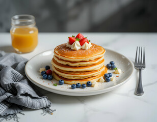 Stack of Pancakes with Berries and Syrup Ready to Eat