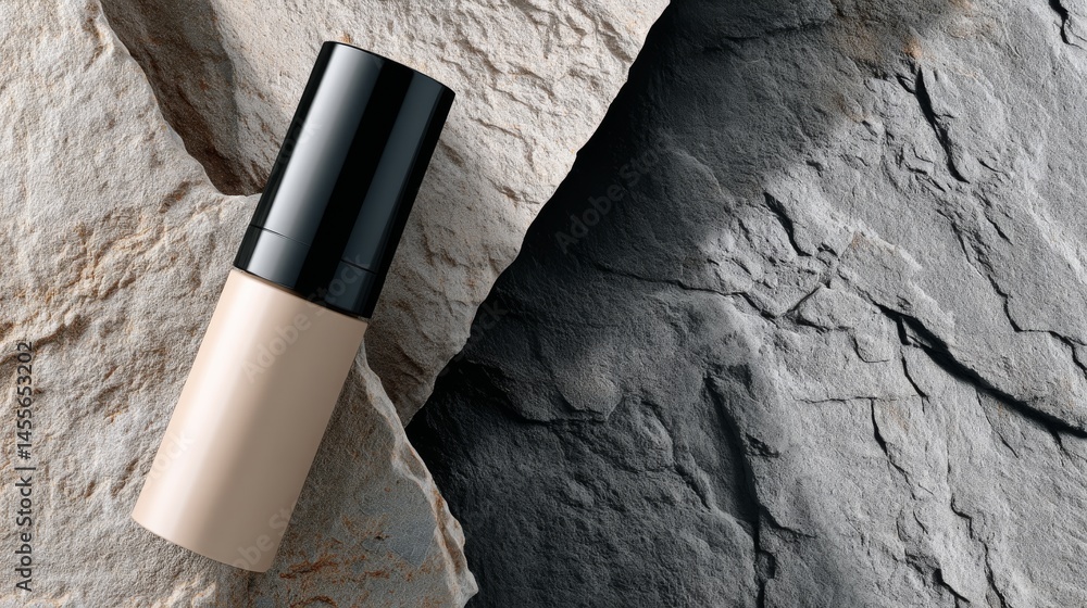 Aufkleber a matte ivory bottle with a glossy black cap rests on a textured stone surface, showcasing subtle li