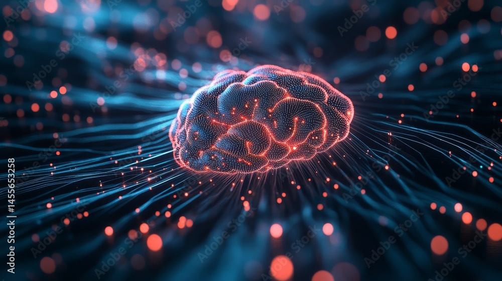 Poster visual representation of a neural network with vibrant pink and blue connections showcasing brain-li