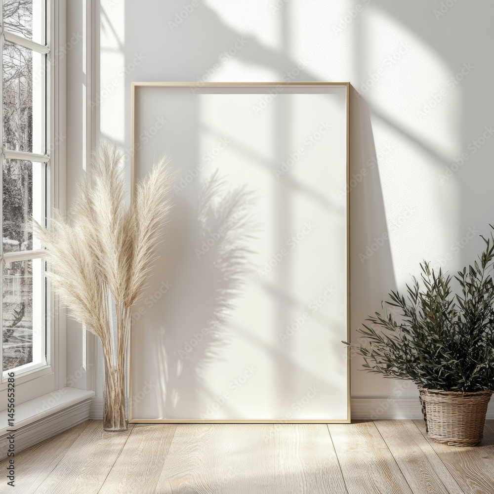 Poster modern interior decor with empty frame and greenery in bright sunlight filtering through large windo