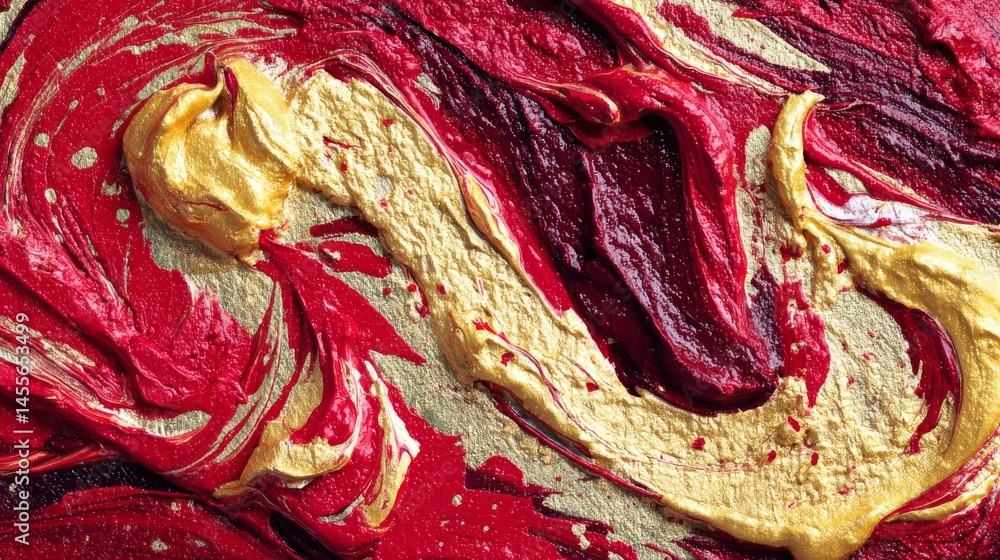 Poster Close-up view of swirling crimson and gold brushstrokes on textured canvas captures an expressive and dynamic design, with ample copy space on the left side