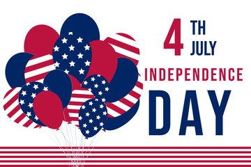 A festive design featuring red, white, and blue balloons with American flag patterns, and bold "4TH JULY INDEPENDENCE DAY" text over red stripes. Ideal for patriotic celebrations.
