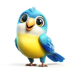 Obraz premium Smiling Cartoon Bird: a cute and cheerful cartoon bird with bright blue and yellow plumage, captured in a friendly and inviting pose. Its big.