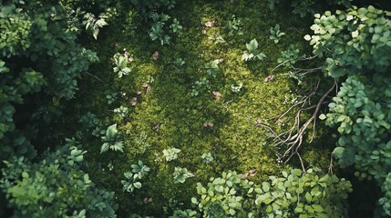 Fototapeta premium Soft Sunlight Filters Through Leaves Onto a Green Mossy Ground in a Serene Forest Glade During a Calm Early Morning