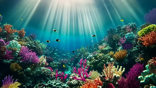Vibrant Underwater Coral Reef Paradise: Sunbeams Illuminate Colorful Marine Life