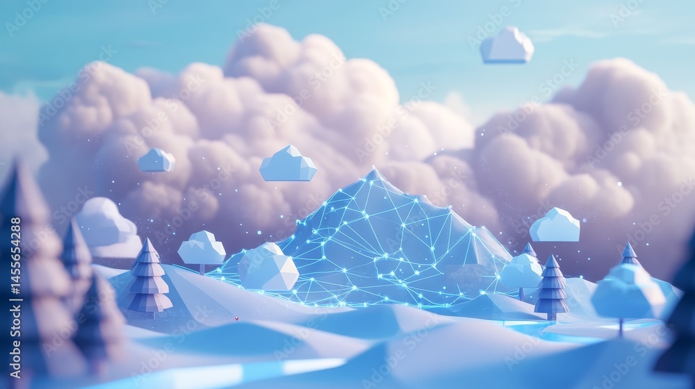 Poster Digital Forest Landscape With Interconnected Blue Trees and Mountains Showcasing a Futuristic Visual in a Serene Setting