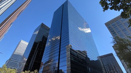 Skyline of Modern Skyscrapers in a Bustling City on a Clear Day With Palm Trees Lining the Foreground