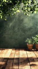 Serene Indoor Garden Setting with Green Plants and Wooden Floor for Relaxation and Tranquility