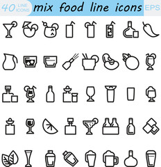  Set of  outline icons related to food and drink Linear icon collection Editable stroke