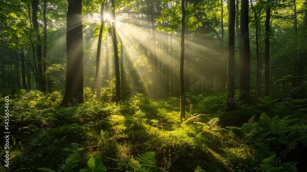Aufkleber sunlight filtering through tall trees in a serene forest during early morning hours, creating a magi