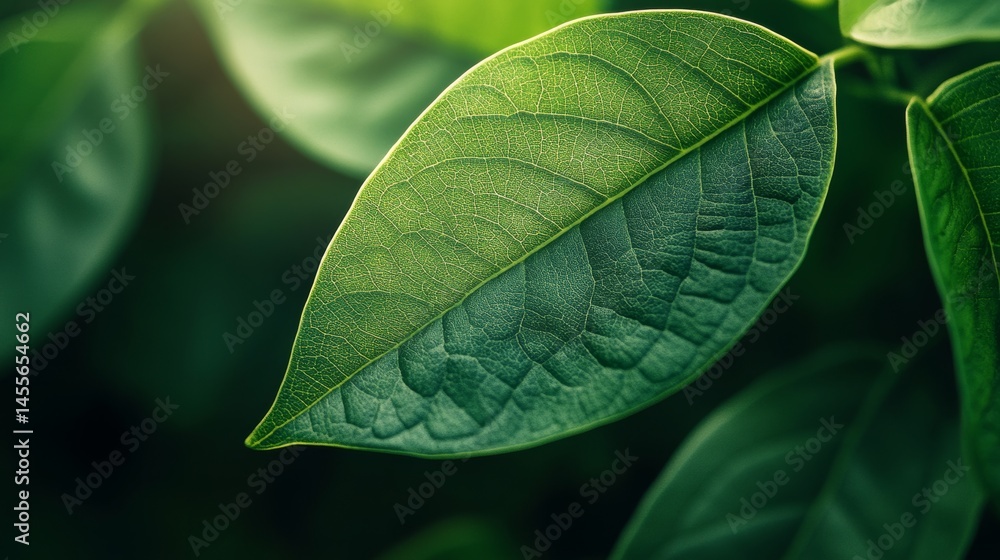 Poster close up view of vibrant green leaves showcasing intricate textures and patterns in a natural settin