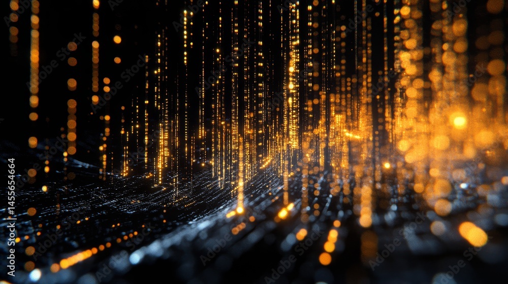 Poster visual representation of glowing data waves in dark space highlighting movement and rhythm in digita