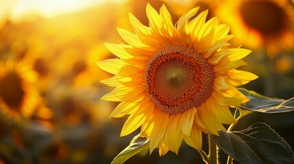 Fototapeta premium Bright Sunflower Blooming in a Golden Field During Sunset Captures the Beauty of Nature's Colors and Textures in Summer
