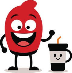 Funny cartoon illustrations with a smiling character, a coffee cup mascot, a print, and a sticker