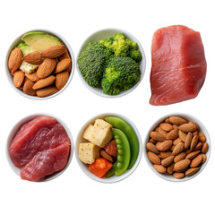 A variety of foods presented in bowls isolated on a clean white background for keto meal ideas and healthy eating.