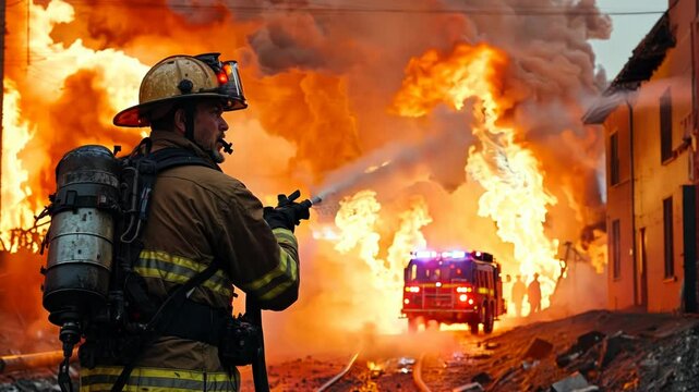 Professional firefighter standing in front of fire blaze. Fireman rescuer hero at work