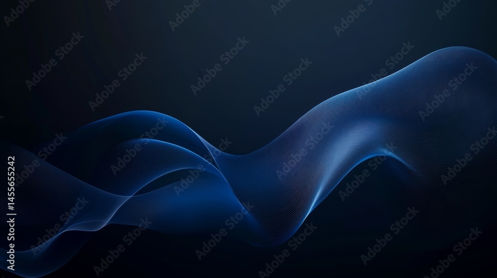Poster flowing blue wave patterns create a surreal and calming atmosphere against a dark background, inviti