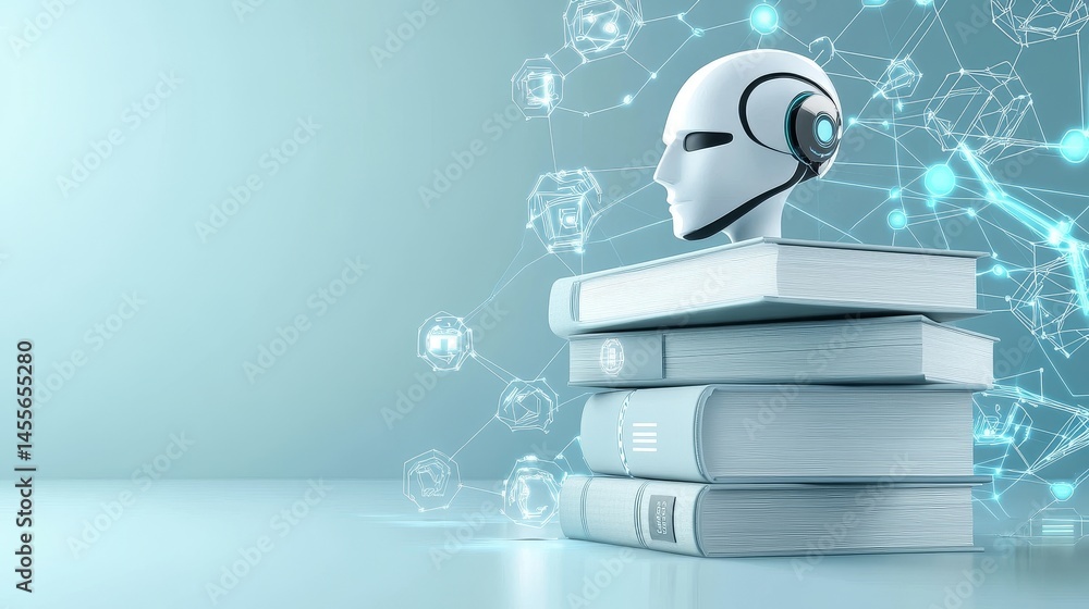 Poster innovative fusion of technology and knowledge with a robotic head emerging from an open book filled 