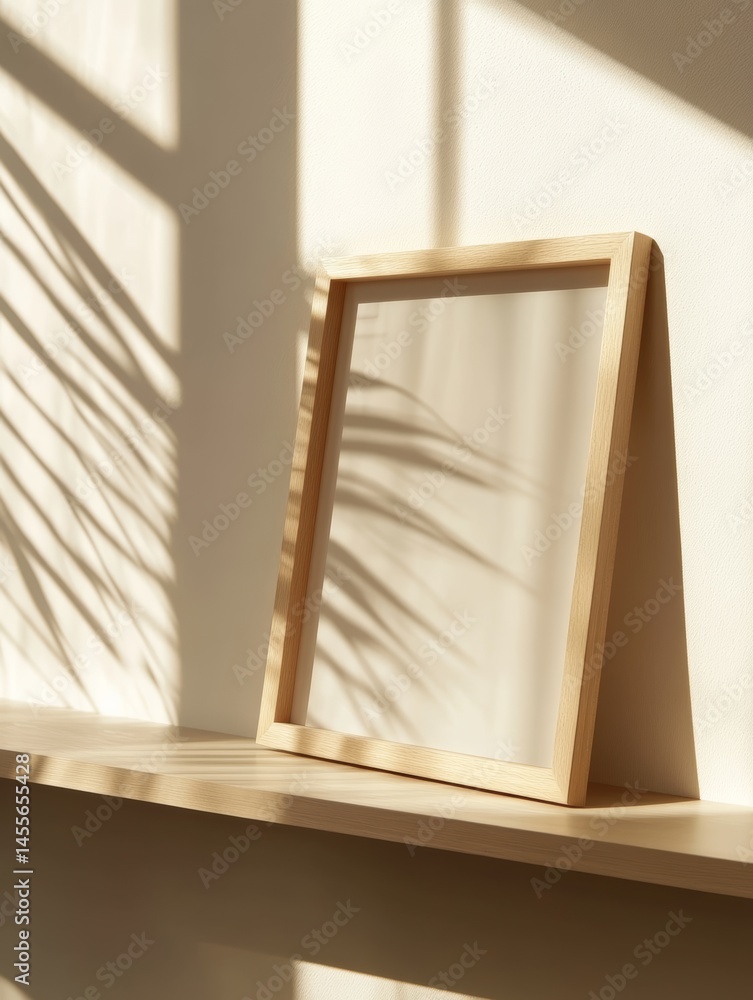 Poster sunlight illuminating a wooden frame on a minimalistic shelf with soft drapes and botanical accents 