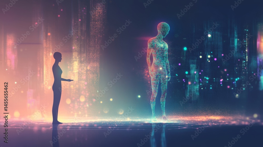 Poster futuristic interaction between a human and a robot near a glowing portal in a high-tech environment