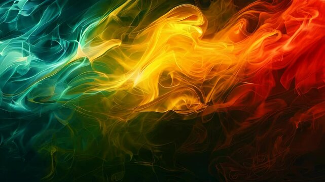 video of Abstract background featuring smoke curves and waves in reggae flag colors: green, yellow, and red