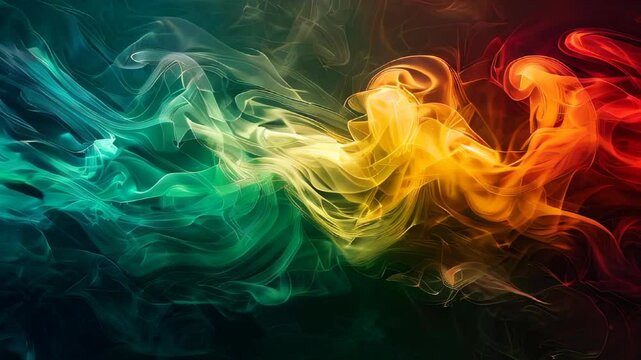 video of Abstract background featuring smoke curves and waves in reggae flag colors: green, yellow, and red