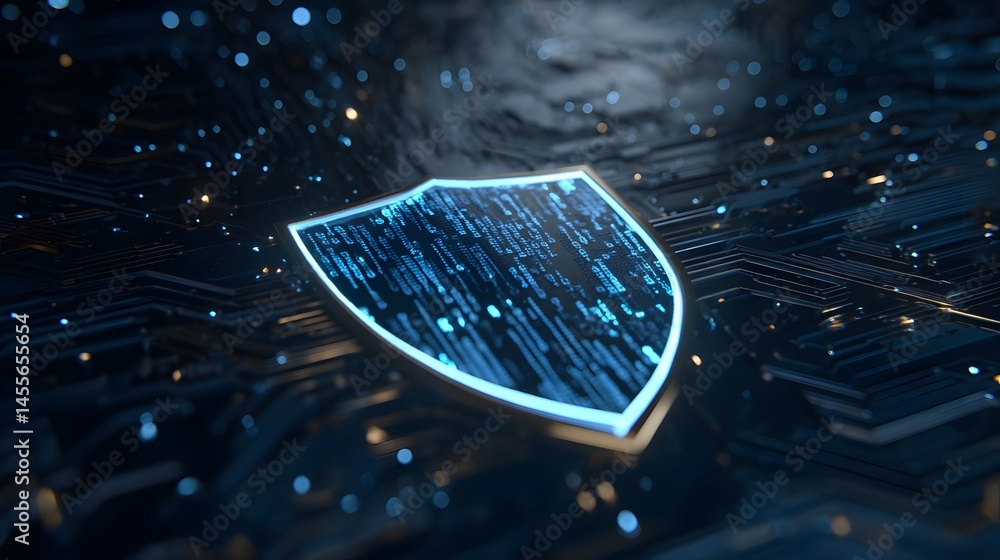 Poster a digital concept of the future of cyber security and the glowing shield that represents protection 