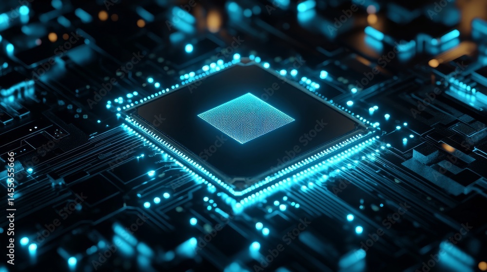 Poster high-tech close-up of a computer chip glowing in blue circuitry at a futuristic technology hub