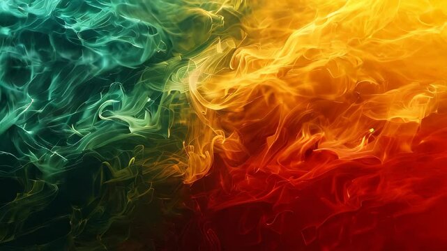 video of Abstract background featuring smoke curves and waves in reggae flag colors: green, yellow, and red