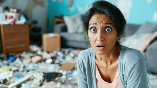 A woman looks shocked as she confronts a cluttered living room filled with debris