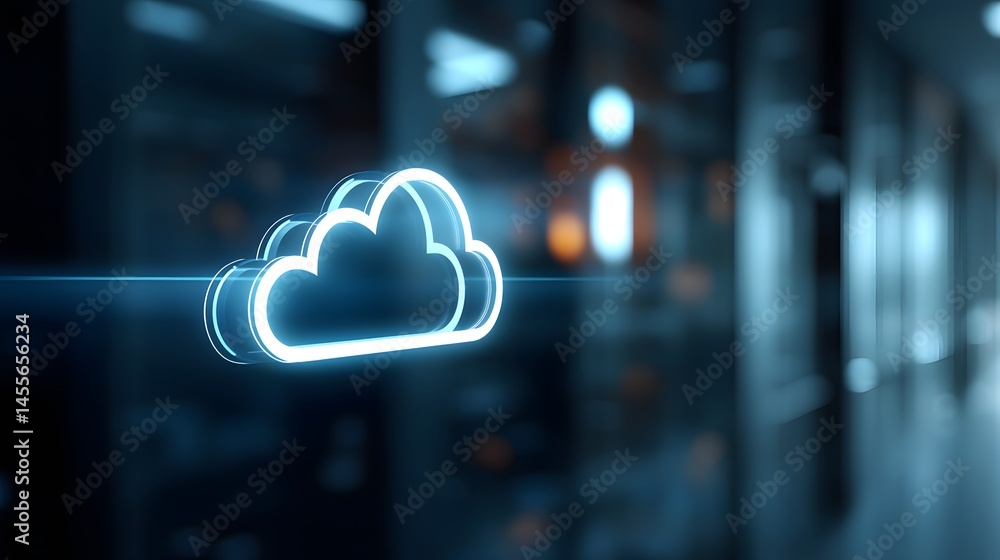 Poster cloud data storage hologram depicting network and cybersecurity innovation in information technology