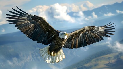 Obraz premium Eagle Soaring High: A majestic eagle soaring high in the sky with wings spread wide. 
