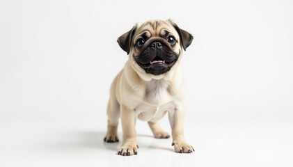 Playful pug looking at camera, isolated white backdrop, dog photography, companion animal, pet